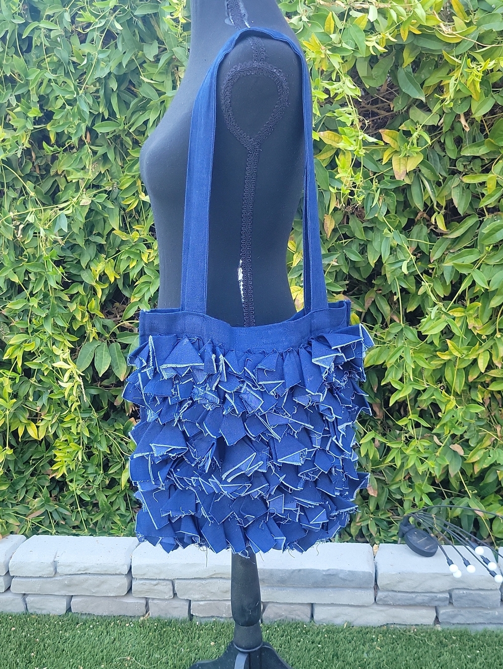 Alfredo's Wife Ruffled Distressed Denim Boho Large Tote Shoulder Bag